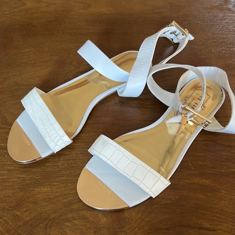 Ted Baker London. “Tabbey” gold & white sandals   Near mint condition.  Size 6